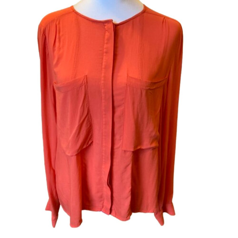 Anthropologie Maeve Long Sleeve Deep Coral Orange Button Down Blouse, size 10